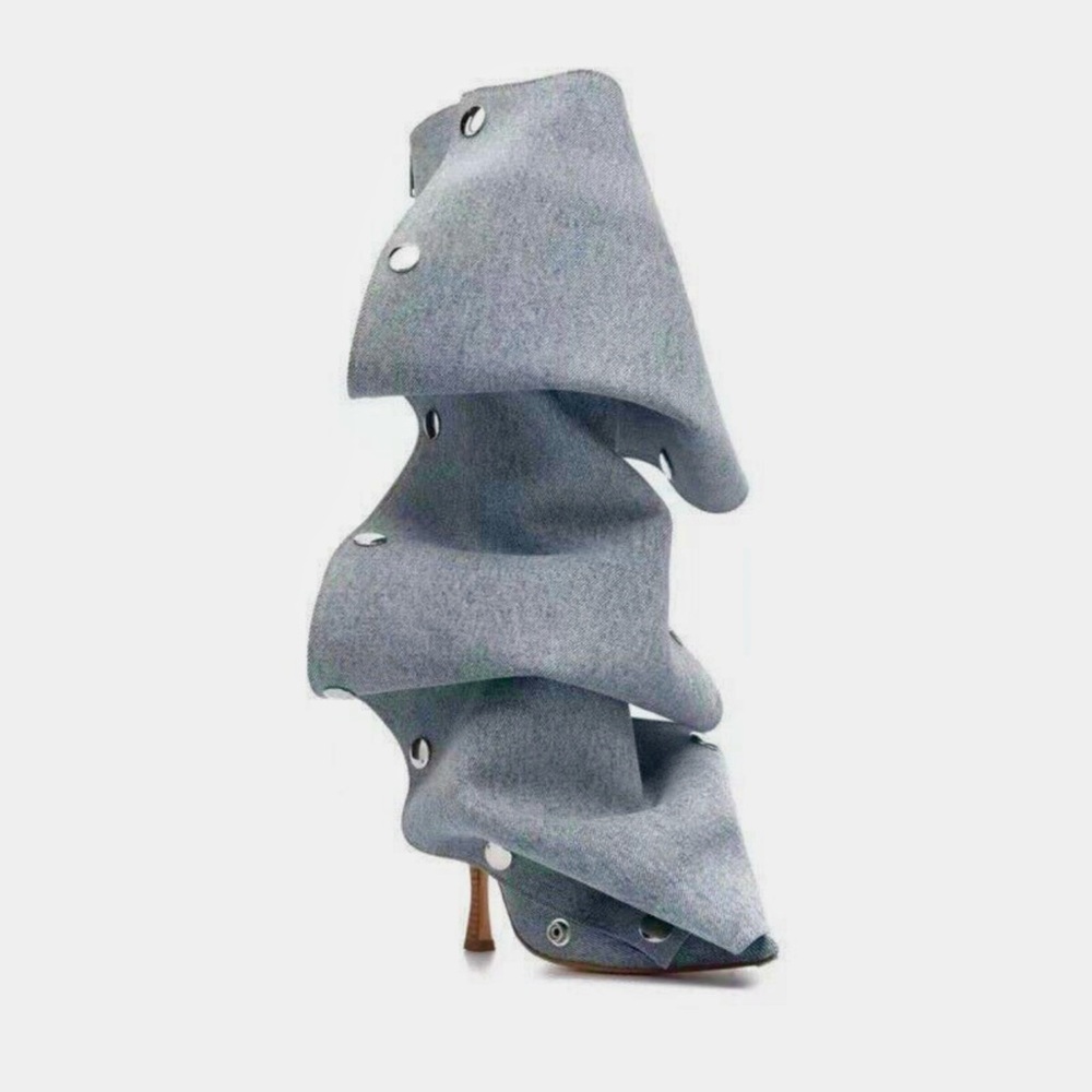 Light Blue Denim Snap Button Knee High Pointed Calf Boots 🩵